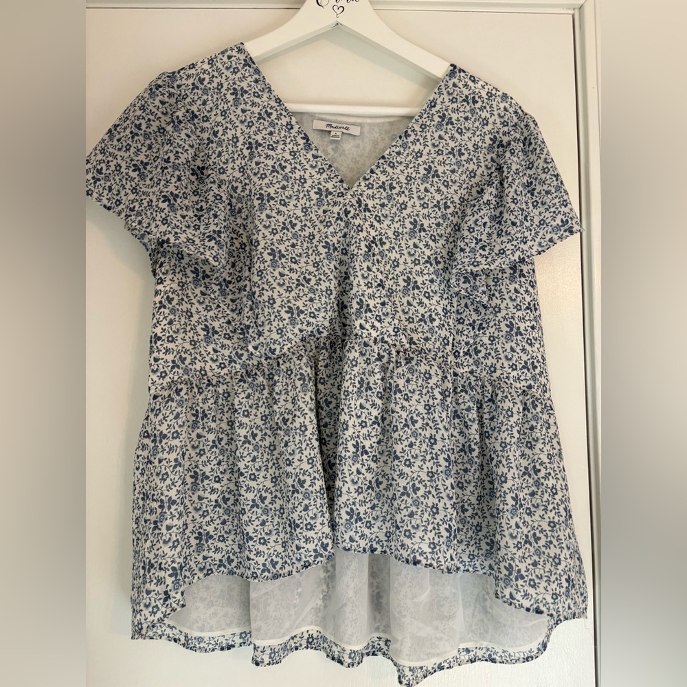 Madewell Blue Floral V-Neck Ruffle Top